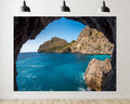 Trykid 20x10ft Cave View Turquoise Sea Backdrop Rocky Cliffs Green Hills Clear Sky Photography Background Coastal Adventure Exploration Tapestry Party Decoration Photo Studio Prop Fabric