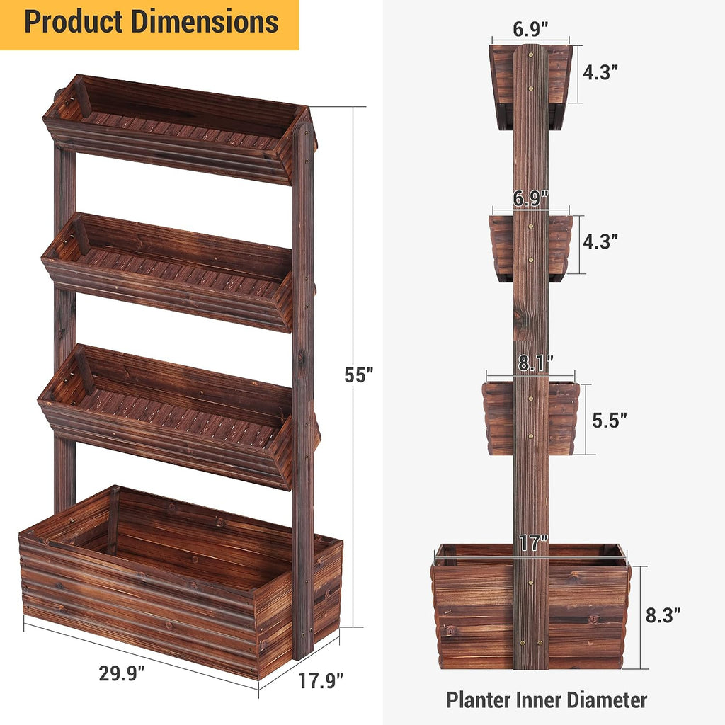 Garden Bed Vertical Wooden Raised Garden Bed Planters Wood Planter Kit Plant Stand Flower Rack Planter Box Gardening Plants Herbs Flowers Vegetables Outdoor Indoor Freestanding (Carbonized 4-Tier)