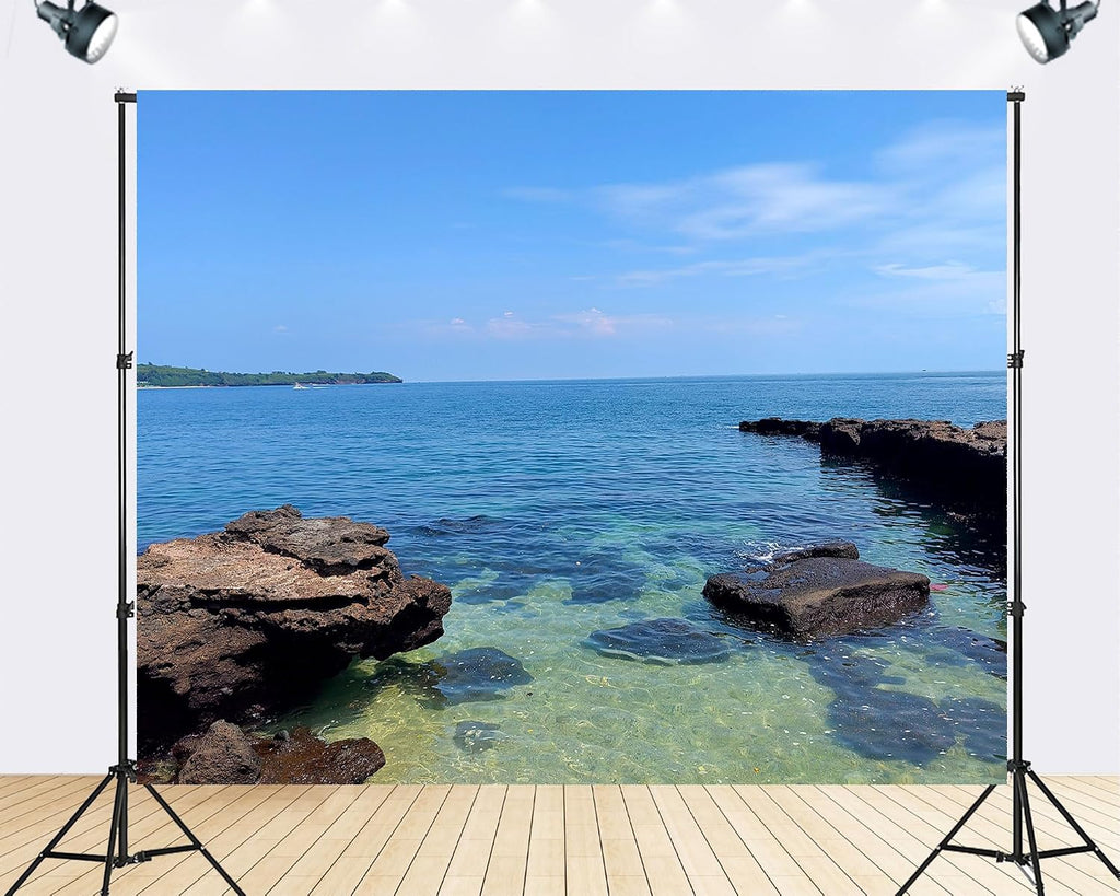 Trykid 20x10ft Rocky Coastal Cove Backdrop Clear Blue Water Volcanic Rock Photography Background Travel Themed Adventure Event Tapestry Party Decoration Photo Studio Prop Fabric
