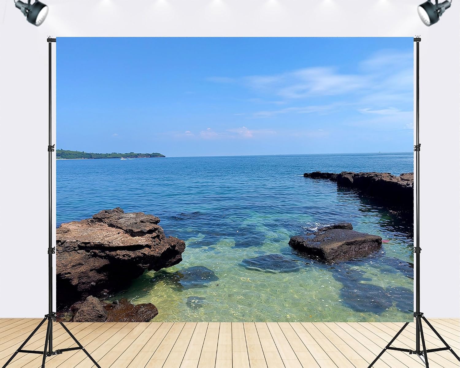 Trykid 20x10ft Rocky Coastal Cove Backdrop Clear Blue Water Volcanic Rock Photography Background Travel Themed Adventure Event Tapestry Party Decoration Photo Studio Prop Fabric