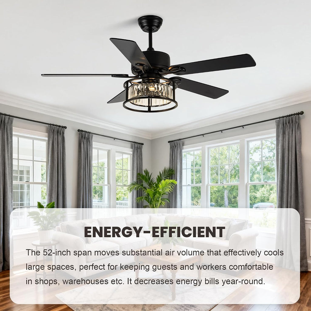 Dawn Whisper 52 Inch Chandelier Ceiling Fans with Lights and Remote Quiet and Reversible DC Motor Black Caged Modern Ceiling Fan for Bedroom Living Room