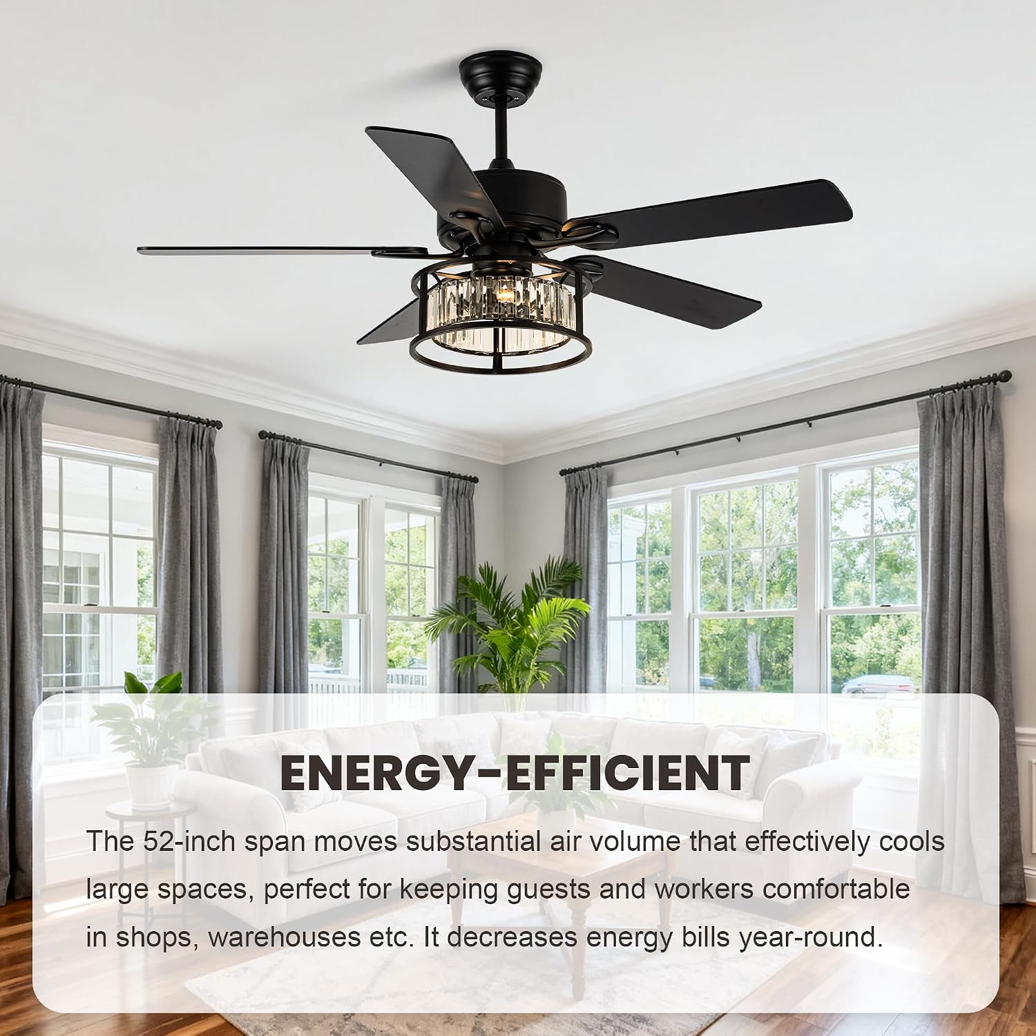 Dawn Whisper 52 Inch Chandelier Ceiling Fans with Lights and Remote Quiet and Reversible DC Motor Black Caged Modern Ceiling Fan for Bedroom Living Room
