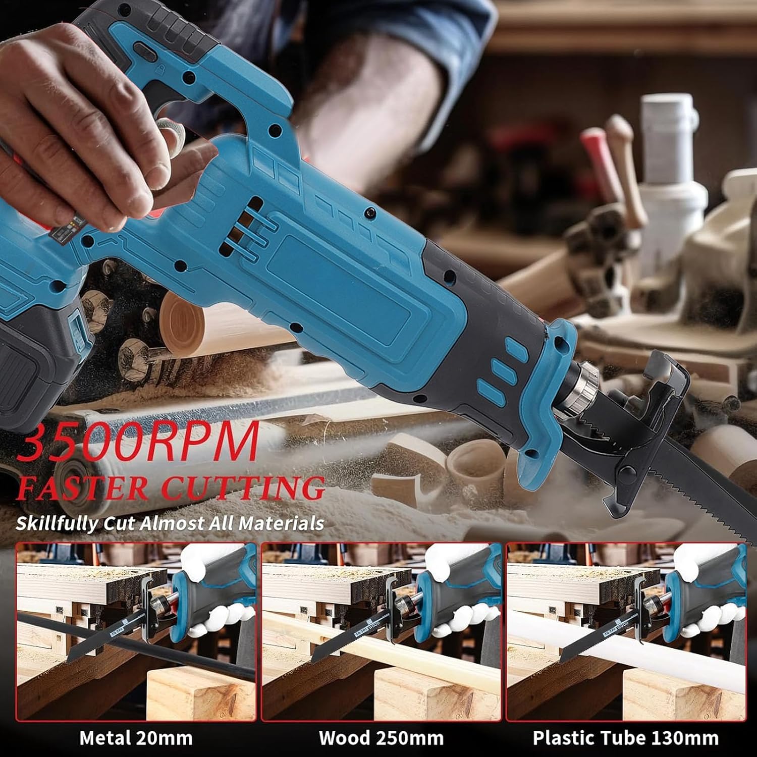 Cordless High Power Variable Speed Brushless Reciprocating Saw with 4000mAh Battery Cut Wood Metal Plastic Handheld (US Plug 100-240v)