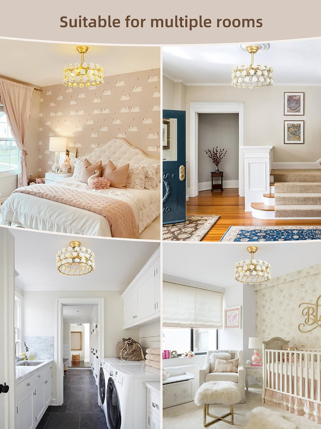 20' Gold Flower Fandelier Ceiling Fans with Lights, Caged Gold Crystal Chandelier Ceiling Fan with Light with 6 Speeds for Bedroom, Nursery, Living Room