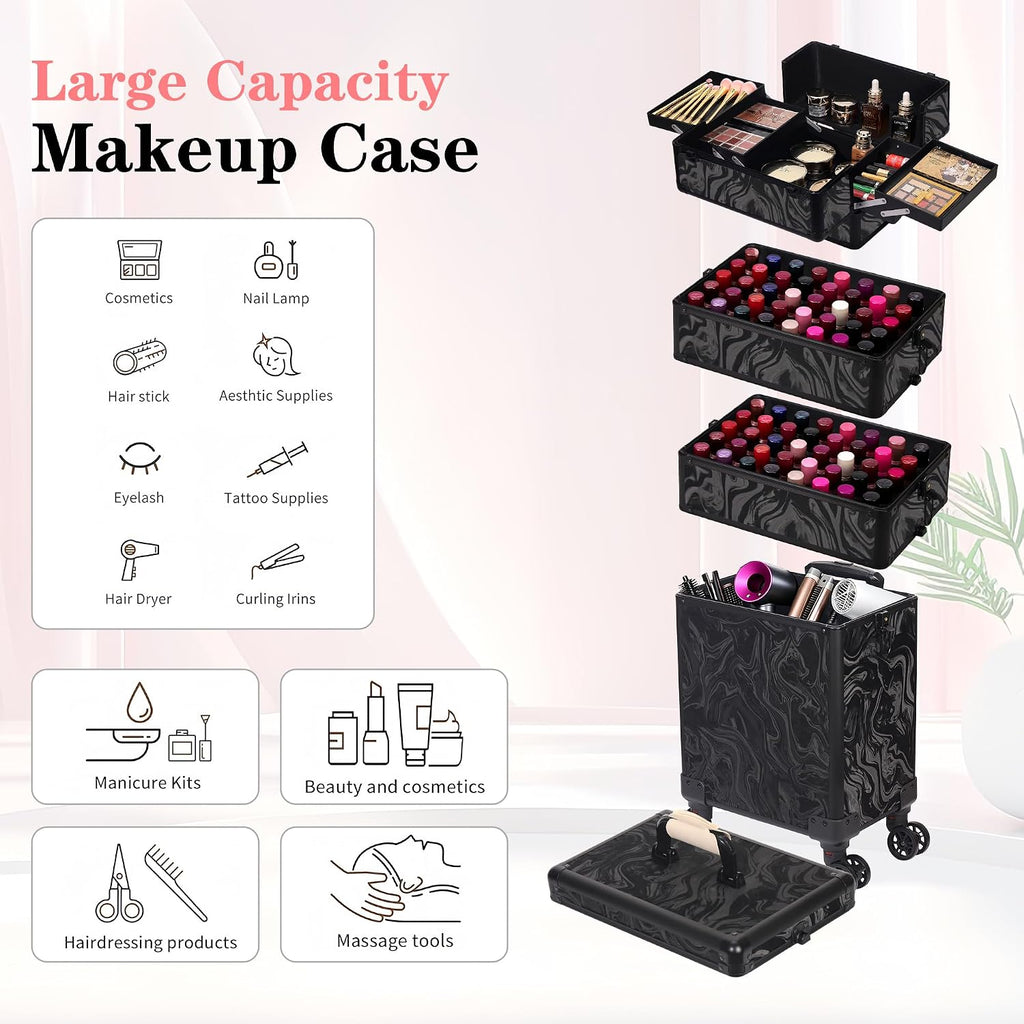 5 in 1 Rolling Makeup Train Case Professional Cosmetic Trolley Large Storage Organizer on Wheels for Hairstylist Artist Nail Beauty Salon Barber Alipine Black
