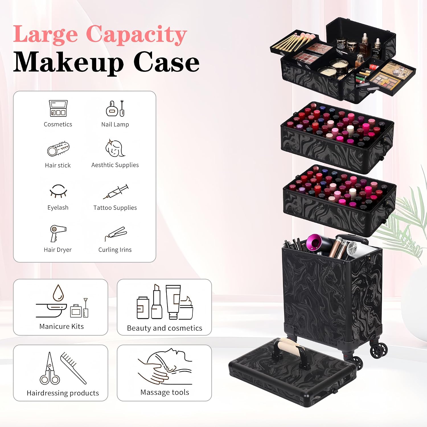 5 in 1 Rolling Makeup Train Case Professional Cosmetic Trolley Large Storage Organizer on Wheels for Hairstylist Artist Nail Beauty Salon Barber Alipine Black