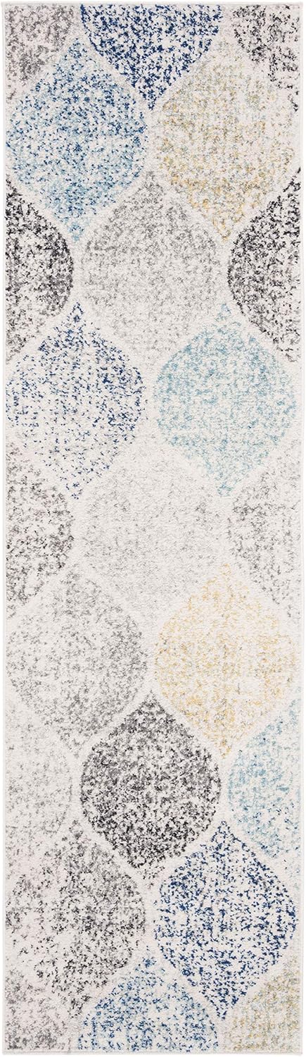 SAFAVIEH Madison Collection Runner Rug - 2'3' x 10', Ivory & Blue, Glam Ogee Trellis Distressed Design, Non-Shedding & Easy Care, Ideal for High Traffic Areas in Living Room, Bedroom (MAD604D)