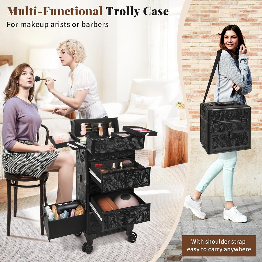 AROUS Rolling Makeup Case with 3 Drawers, Cosmetology Case on Wheels 5 IN 1 Makeup Train Case Make Up Organizer for Artist Salon Nail Teach Trunk,Ink Black