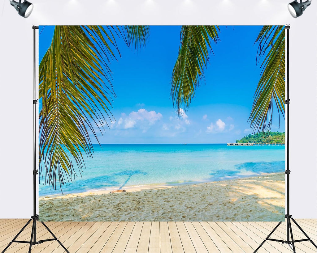 Trykid 20x10ft Palm Frond Beach Backdrop White Sand Clear Water Distant Pier Photography Background Relaxation Shoots Tapestry Party Decoration Photo Studio Prop Fabric