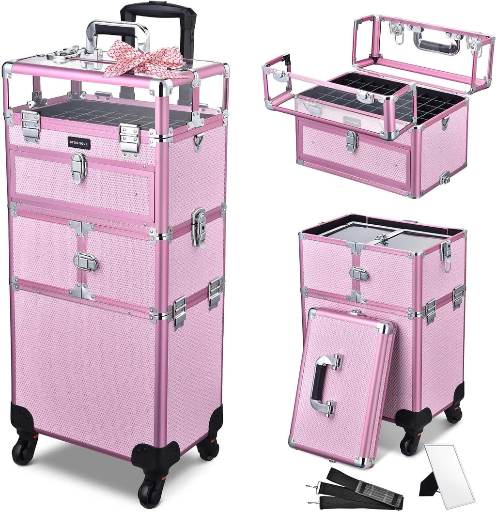 BYOOTIQUE 2in1 Nail Polish Organizer Rolling Makeup Train Case Manicure Cosmetic Trolley Travel Organizer Nail Case with Clear Lid Extendable Trays 4 removable wheels 54 Slots (Pink)