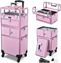 BYOOTIQUE 2in1 Nail Polish Organizer Rolling Makeup Train Case Manicure Cosmetic Trolley Travel Organizer Nail Case with Clear Lid Extendable Trays 4 removable wheels 54 Slots (Pink)