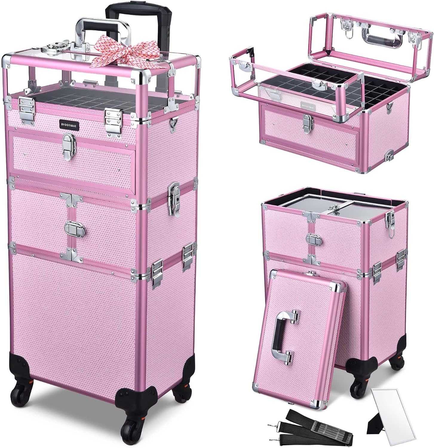 BYOOTIQUE 2in1 Nail Polish Organizer Rolling Makeup Train Case Manicure Cosmetic Trolley Travel Organizer Nail Case with Clear Lid Extendable Trays 4 removable wheels 54 Slots (Pink)