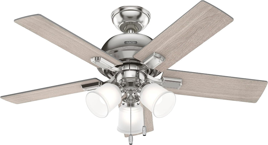 Hunter Fan 44 Inch Traditional Brushed Nickel Indoor Ceiling Fan with LED Light and Pull Chain for Bedroom, Living Room/Family Room, Dining Room, Kitchen, Office (Renewed)