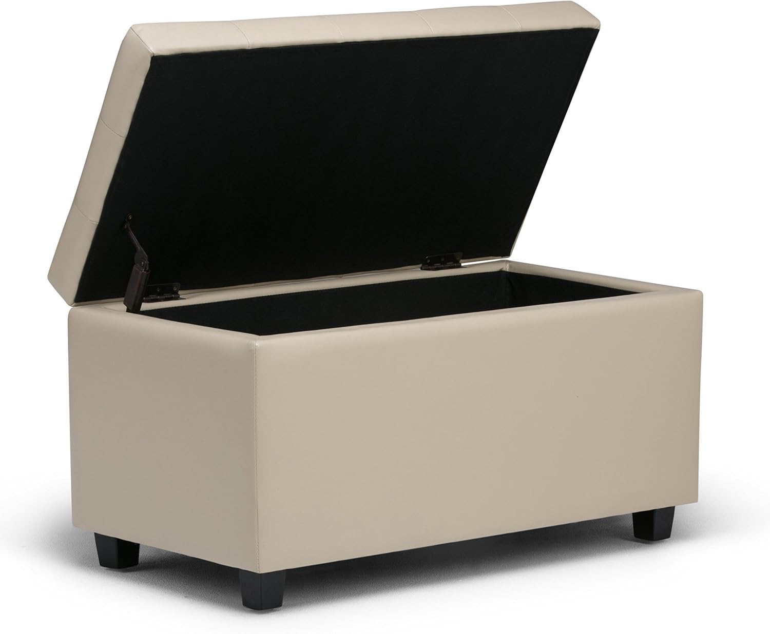 SIMPLIHOME Cosmopolitan Storage Ottoman - 34 inch Wide Upholstered Vegan Leather Rectangle Storage Ottoman Bench in Satin Cream, Transitional Tufted Ottoman for Living Room with Lift-Up Lid