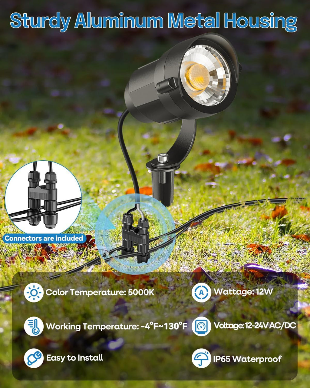 HIBOITEC Low Voltage Landscape Lighting 1200LM 12W with Connectors 100W Transformer Photocell Sensor and Timer Spotlights Landscape Lights Kit IP65 Waterproof 5000K for House Yard Trees Garden 8 Packs