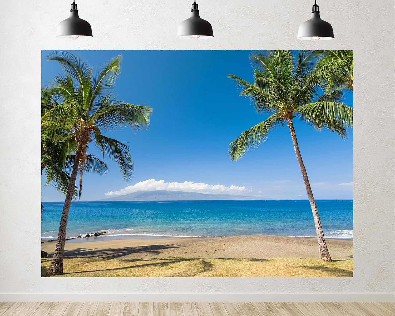 Trykid 20x10ft Twin Palm Trees Turquoise Ocean Backdrop Distant Island Clear Blue Sky Photography Background Tropical Vacation Relax Tapestry Party Decoration Photo Booth Studio Prop Fabric