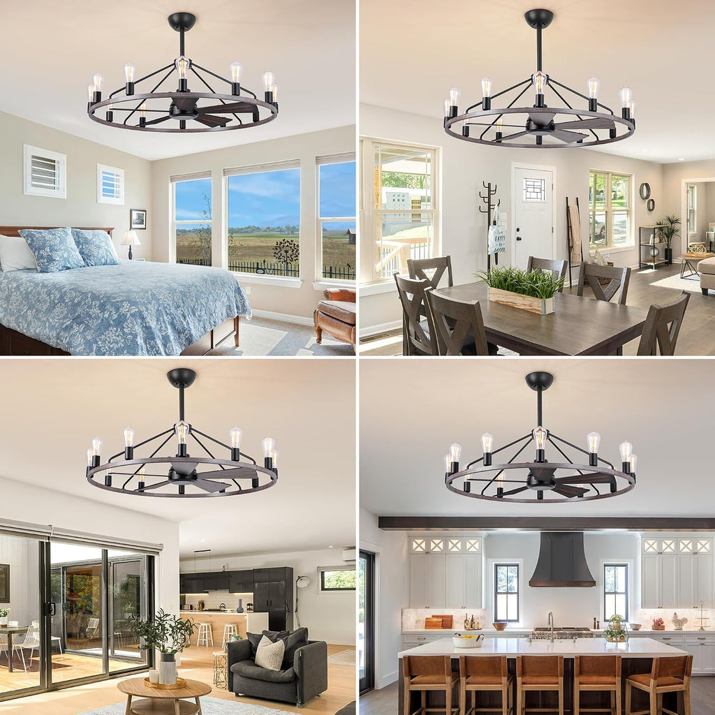 She's home 43' Wood Color Wagon Wheel Chandelier with Fan, 12-Lights Large Round Candle Farmhouse Fandelier Ceiling Fan with Light Fixture for Living Room, Height Adjustable