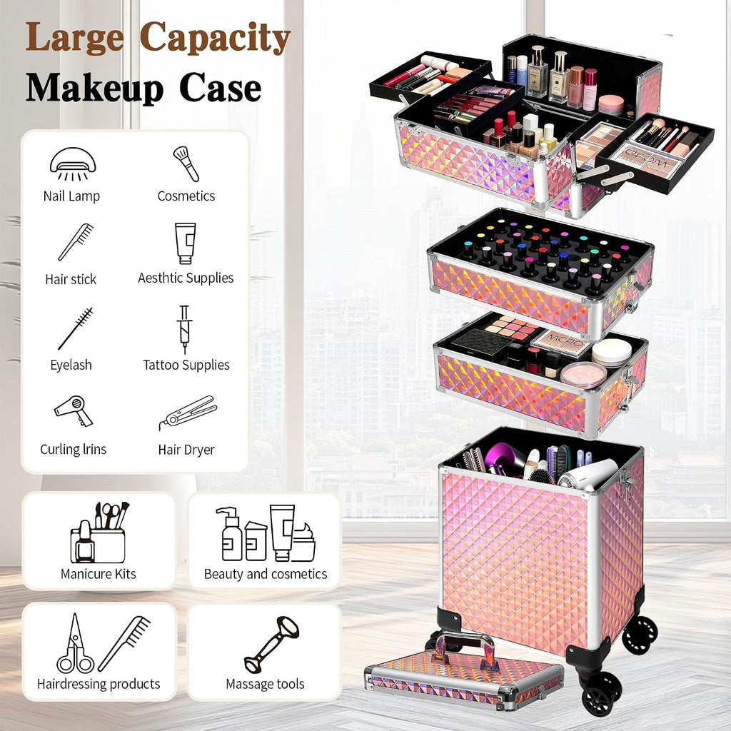5 in 1 Rolling Makeup Train Case on Wheels Large Cosmetic Organizer Travel Cart for Women Beauty Salon Barber Hairstylist Pink