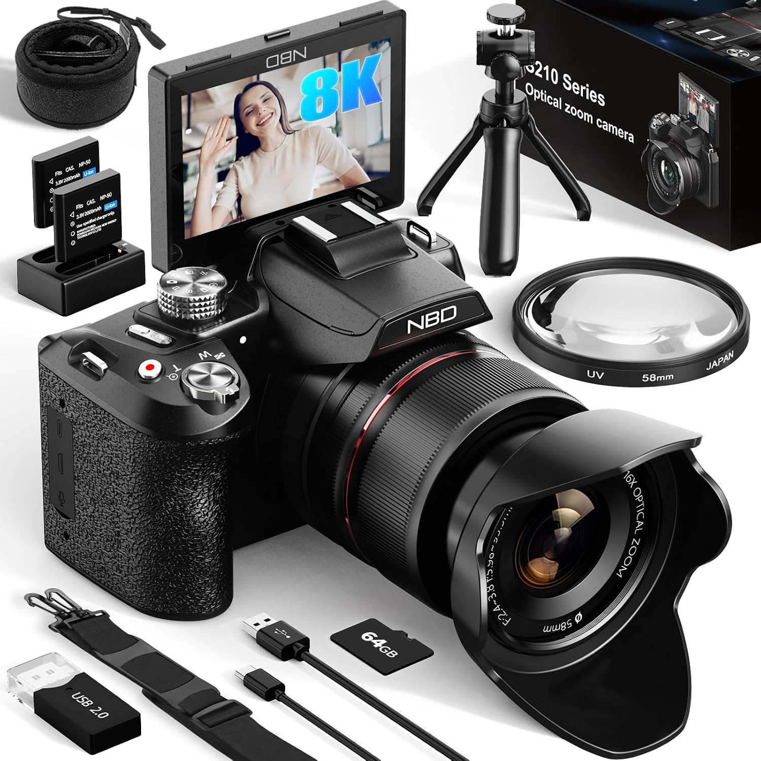 NBD 8K Digital Cameras for Photography,64MP Vlogging Cameras for YouTube,16X Optical Zoom Travel Point and Shoot Digital Cameras Fotograficas with 180°Flip Screen,58mm UV Lens,2 Batteries,64GB Card