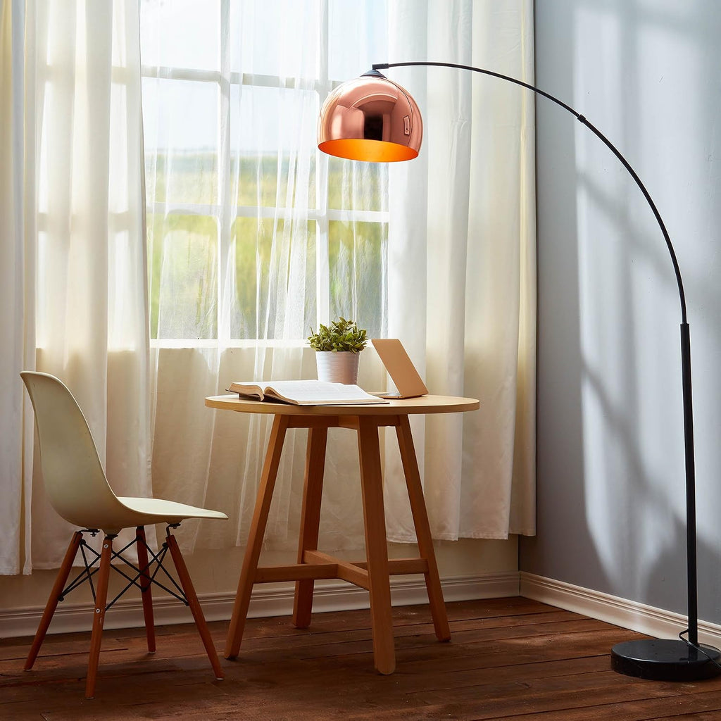 Teamson Home Arquer 66.93' Arc Floor Lamp for Living Rooms, Home Offices, Dining Rooms, Bedrooms with Faux Black Marble Base and Rose Gold Bell Shade