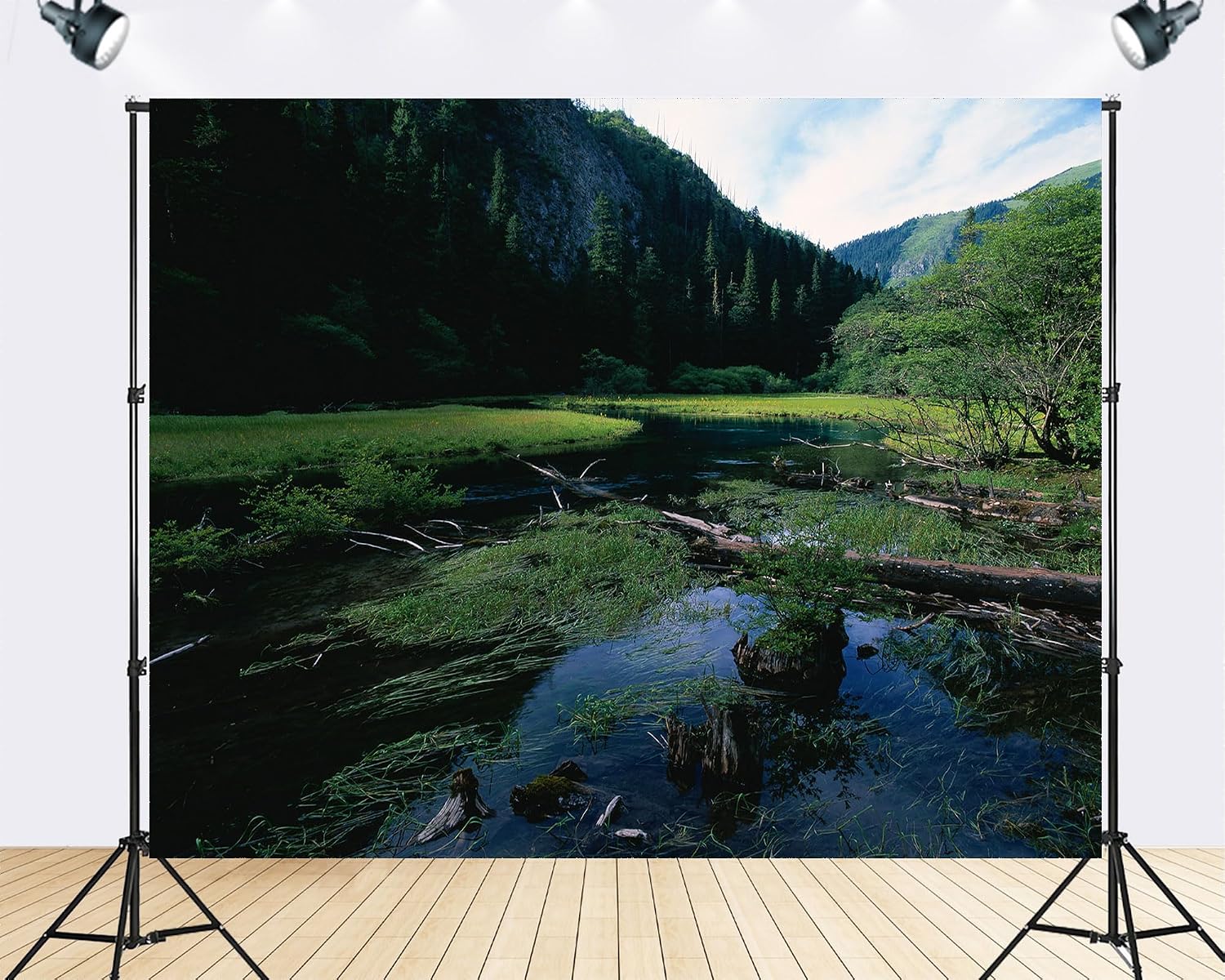 Trykid 20x10ft Forest Stream Backdrop Clear Blue Water Fallen Trunks Lush Green Grasses Dense Trees Serene Scene Photography Background Nature Inspired Party Decoration Photo Booth Prop Fabric