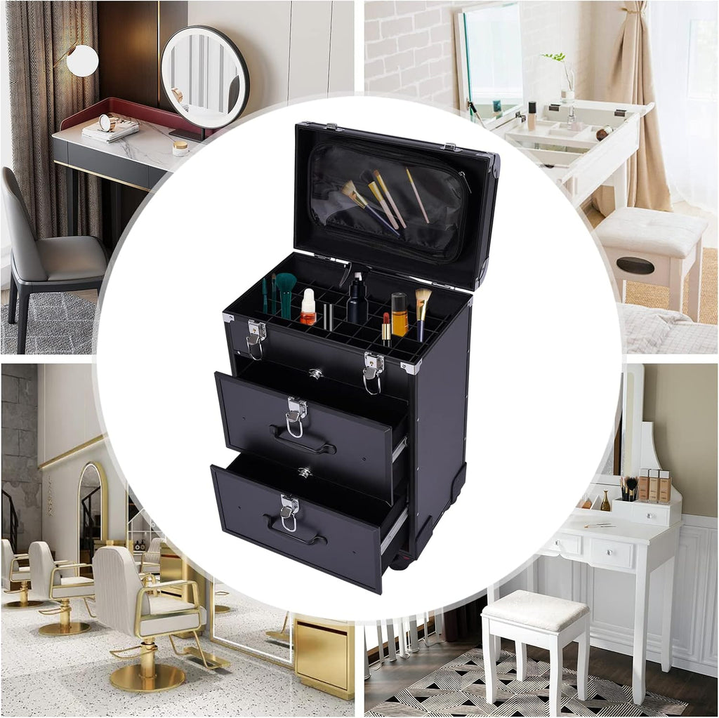 Professional Rolling Makeup Case Train Case Portable Cosmetic Organizer Trolley Lockable Rolling Make-ups Case Storage Cart Makeup Train Case Cosmetology Case On Wheels (Black|3 trays|Type B)