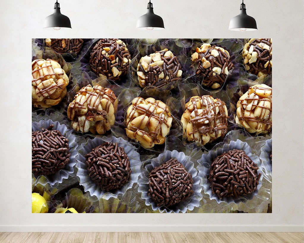 Trykid 20x10ft Nutty Chocolate Treats Backdrop Sprinkled Truffles Peanut Clusters Clear Wrappers Photography Background Dessert Birthday Wedding Party Decoration Photo Booth Prop Fabric