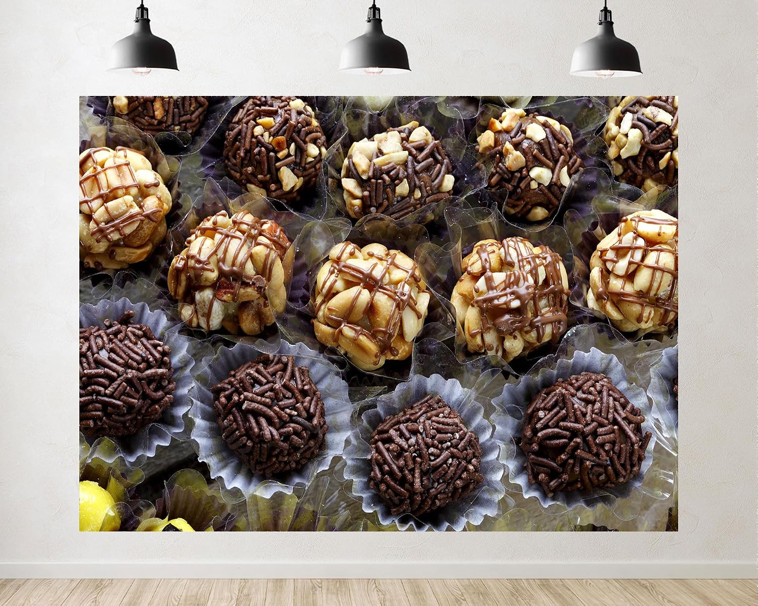 Trykid 20x10ft Nutty Chocolate Treats Backdrop Sprinkled Truffles Peanut Clusters Clear Wrappers Photography Background Dessert Birthday Wedding Party Decoration Photo Booth Prop Fabric