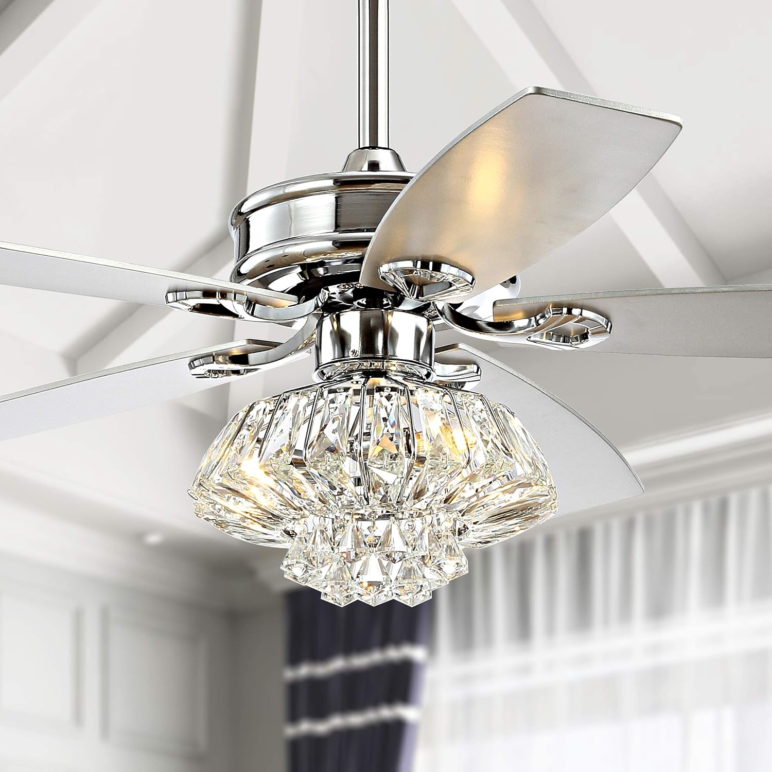 JONATHAN Y 48' Chrome 3-Light Iron and Crystal Ceiling Fan, Glam Drum Chandelier with Remote Control, 5 Reversible Silver/White Maple Blades, ETL Listed, LED Bulbs Included JYL9608A