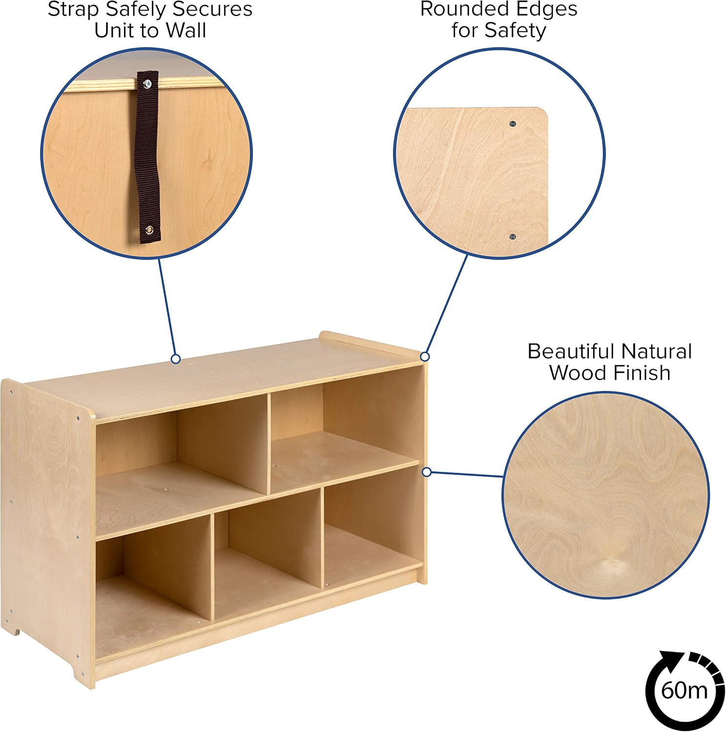 Flash Furniture Hercules Series Wooden 5-Section Classroom Storage Cabinet, School Classroom Storage Cabinet with 5 Cubbies, 24'H x 36'L, Natural
