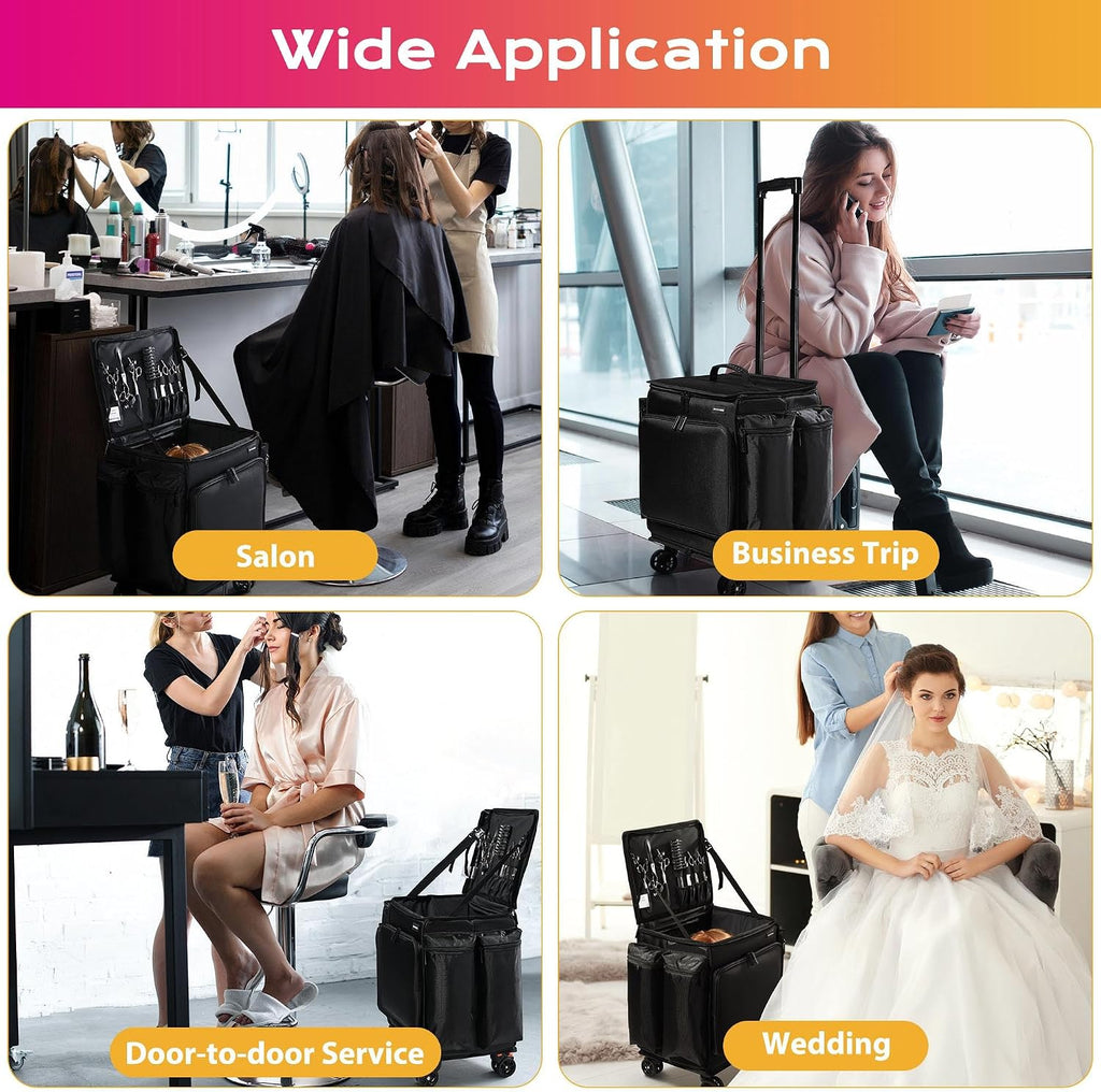 BYOOTIQUE Soft Sided Rolling Makeup Train Case Travel Backpack For Hair Stylist Tools Curling Iron Straightener Salon Barber Shop, Black