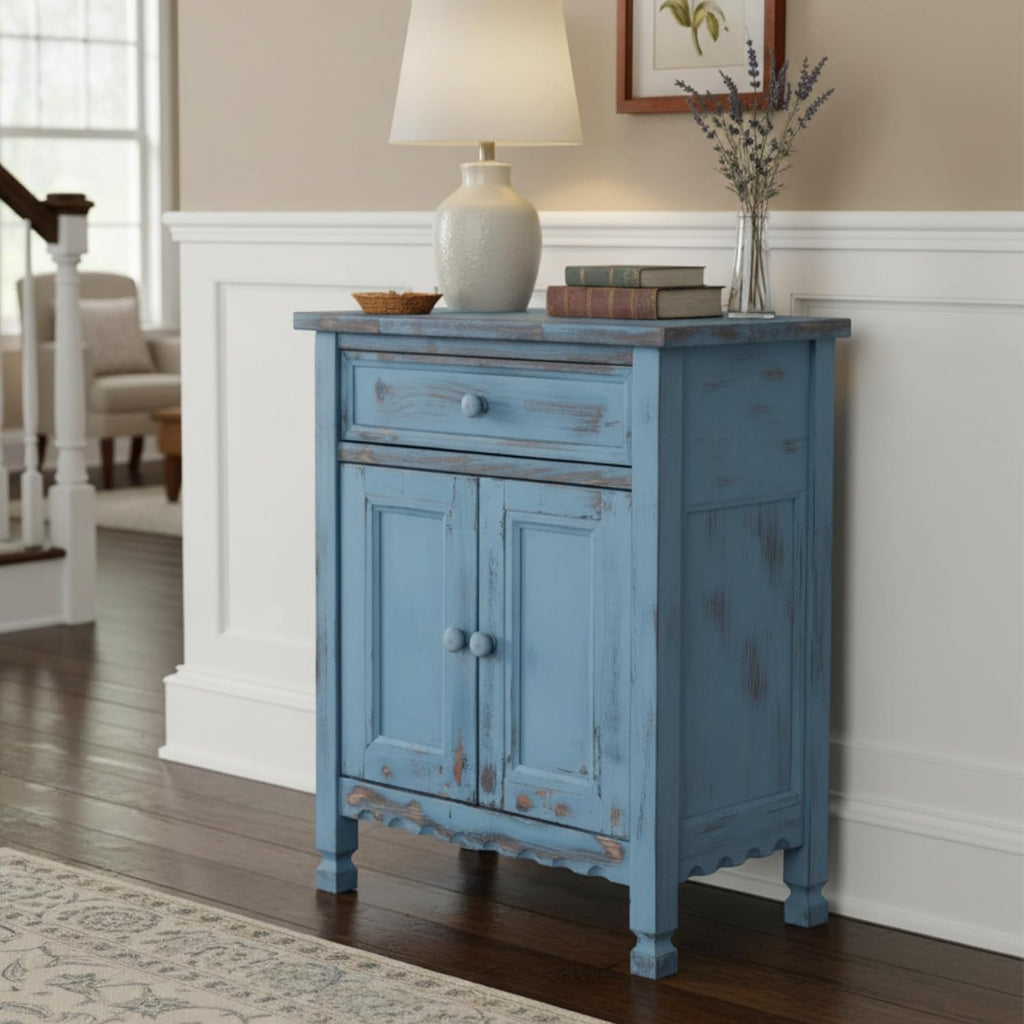 Alaterre Furniture Country Cottage Accent Cabinet with Drawer, Adjustable Shelf & 2 Doors – Rustic Farmhouse Sideboard Buffet Storage Cabinet for Living Room, Dining Room or Entryway (Blue Antique)