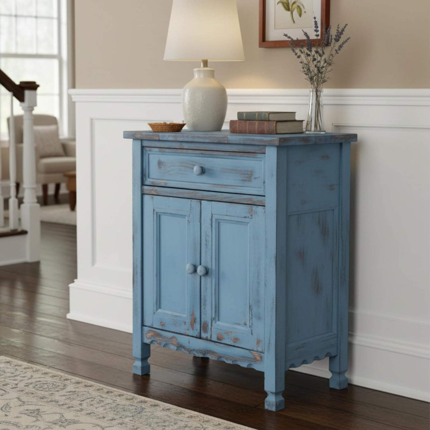Alaterre Furniture Country Cottage Accent Cabinet with Drawer, Adjustable Shelf & 2 Doors – Rustic Farmhouse Sideboard Buffet Storage Cabinet for Living Room, Dining Room or Entryway (Blue Antique)