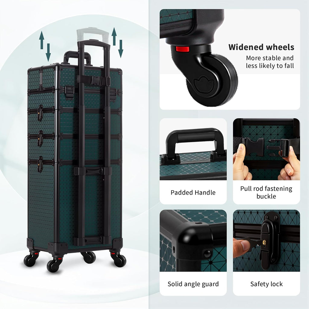 AROUS Rolling Makeup Train Case 4 in 1 Cosmetology Case on Wheels Large Storage Cosmetic Trolley with Key Salon Barber Traveling Cart Trunk, Green