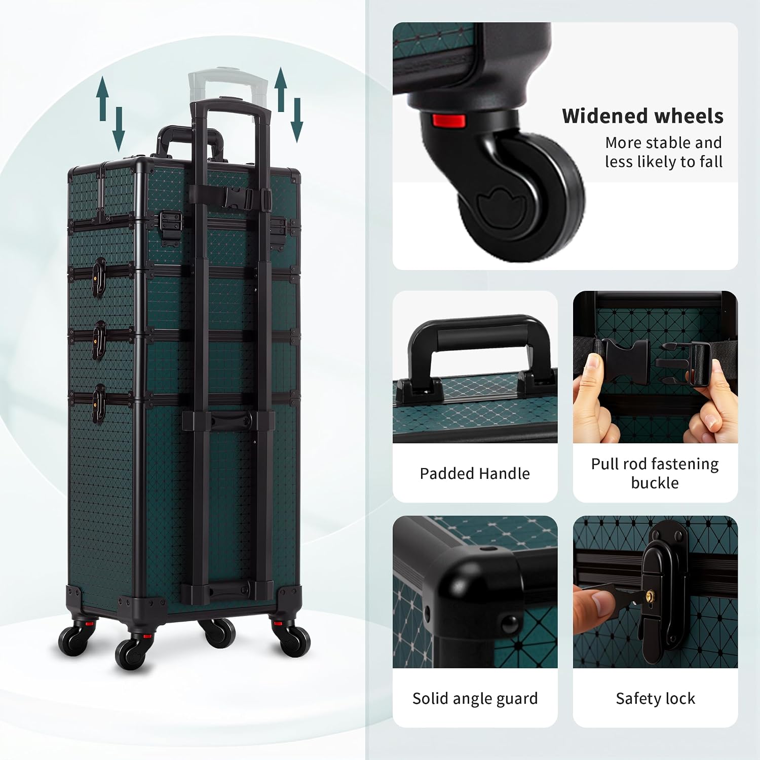 AROUS Rolling Makeup Train Case 4 in 1 Cosmetology Case on Wheels Large Storage Cosmetic Trolley with Key Salon Barber Traveling Cart Trunk, Green