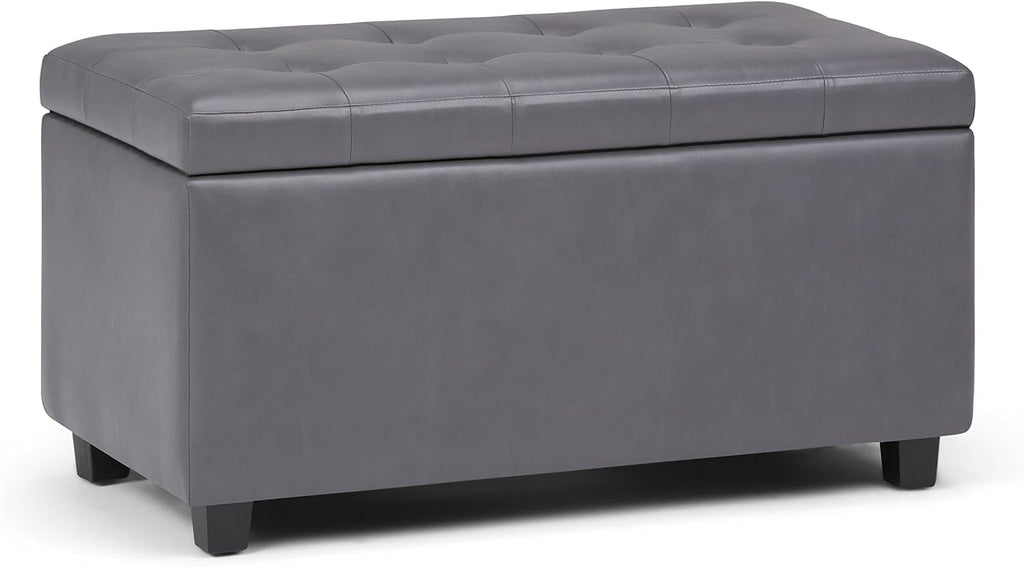 SIMPLIHOME Cosmopolitan Storage Ottoman - 34 inch Wide Upholstered Vegan Leather Rectangle Storage Ottoman Bench in Stone Grey, Transitional Tufted Ottoman for Living Room or Entryway with Lift-Up Lid