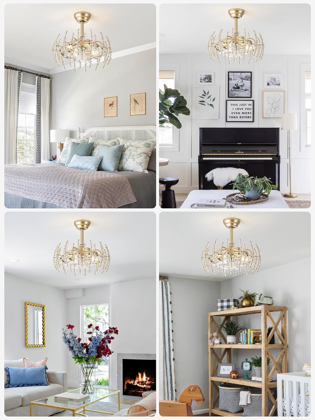 20' Gold Crystal Flower Fandelier Ceiling Fan with Light, Gold Crystal Chandelier Ceiling Fans Remote Control with 6 Speeds for Bedroom, Living Room, Nursery