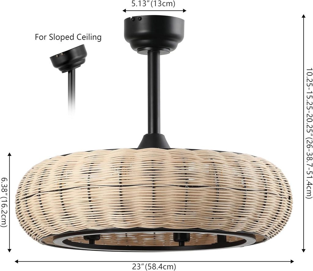 JONATHAN Y 23' Light Brown/Black 6-Light Modern Bohemian Ceiling Fan with Lights, 6-Speed Remote and App Control, Height Adjustable LED Lantern with Dark Brown Rattan Shade for Living Room (JYL9728B)