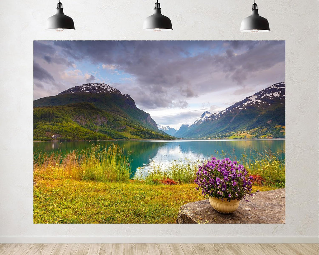 Trykid 20x10ft Brown Cow Alpine Mountain Backdrop Glacier Grass Cliff Pasture Landscape Photography Background Mountain Hike Farm Gathering Party Decoration Tapestry Photo Booth Prop Fabric