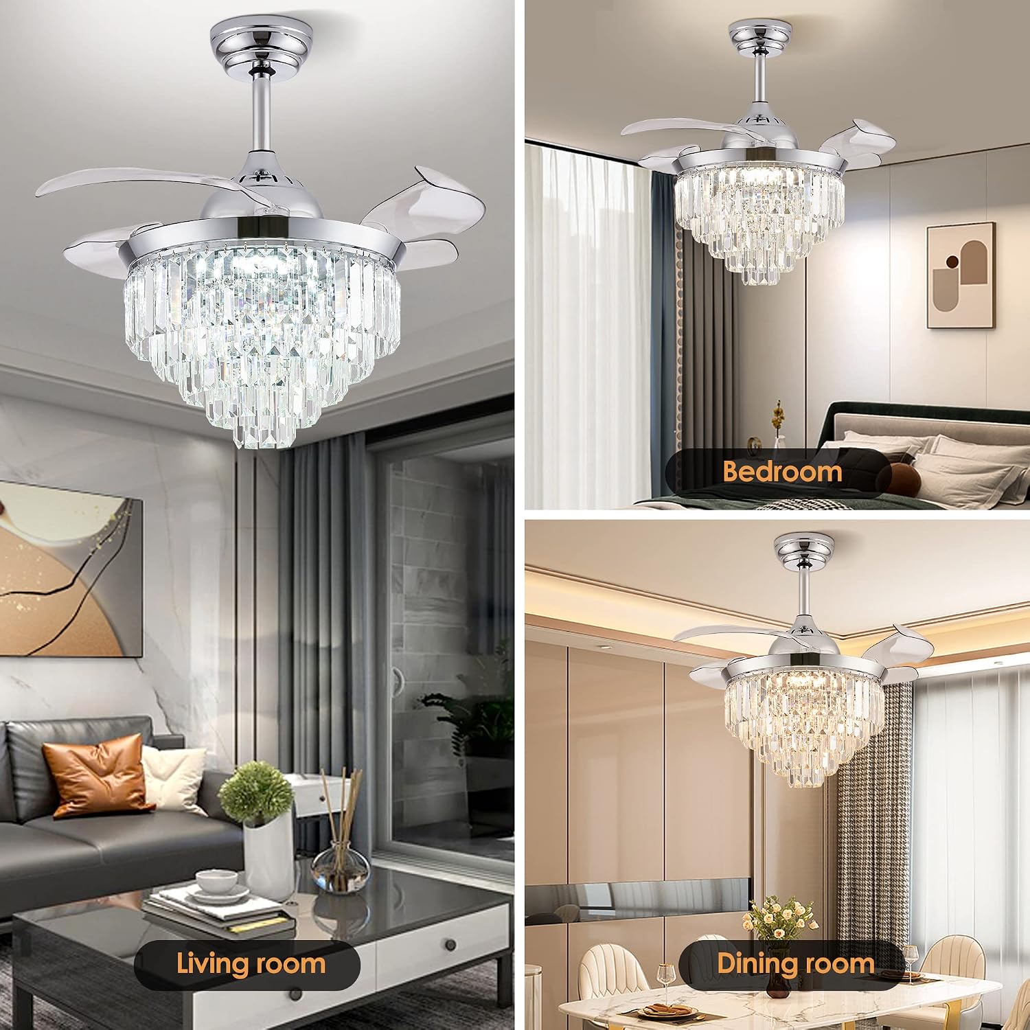 Finktonglan 36' Crystal Fandelier Ceiling Fan with Light, Retractable Blades, Dimmable 72W LED, Remote & App Control, Quiet Reversible Motor, 6 Speeds, Chrome Flush Mount for Bedroom/Living Room