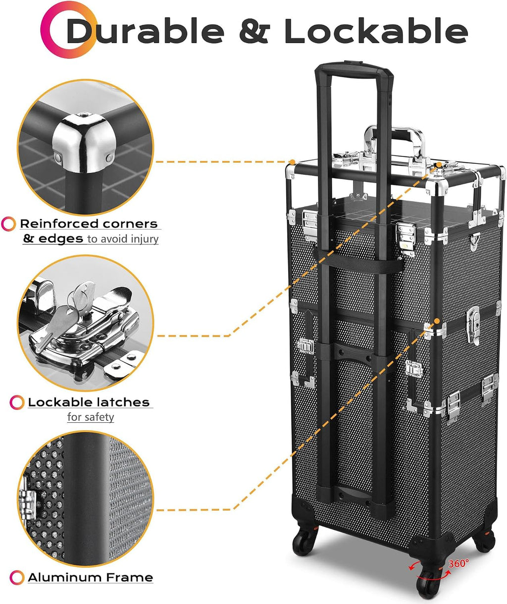 BYOOTIQUE 2in1 Nail Polish Organizer Rolling Makeup Train Case Manicure Cosmetic Trolley Travel Organizer Nail Case with Clear Lid Extendable Trays 4 removable wheels 54 Slots (Black)