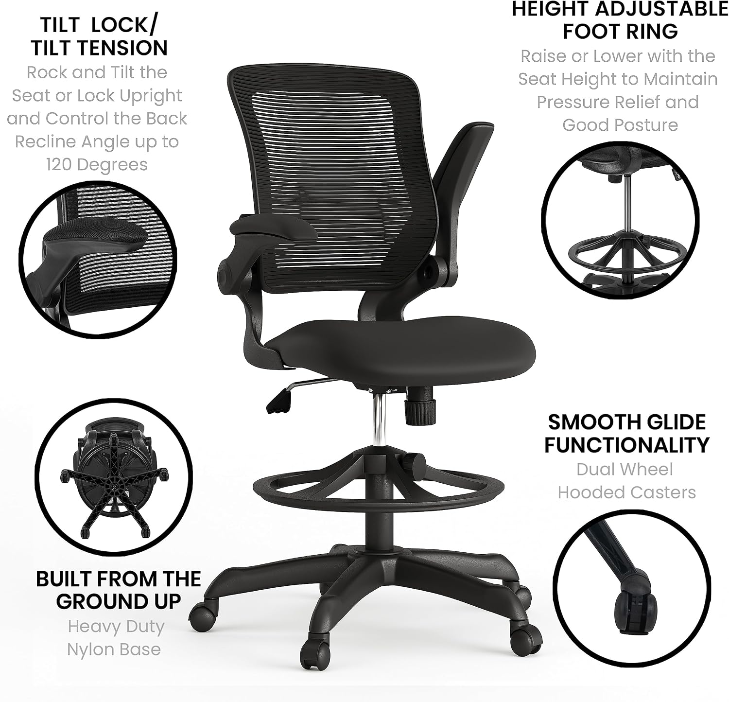 Flash Furniture Kale Mid-Back Swivel Office Chair with Adjustable Foot Ring, Lumbar Support, and Seat Height, Ergonomic Mesh Executive Chair, Black