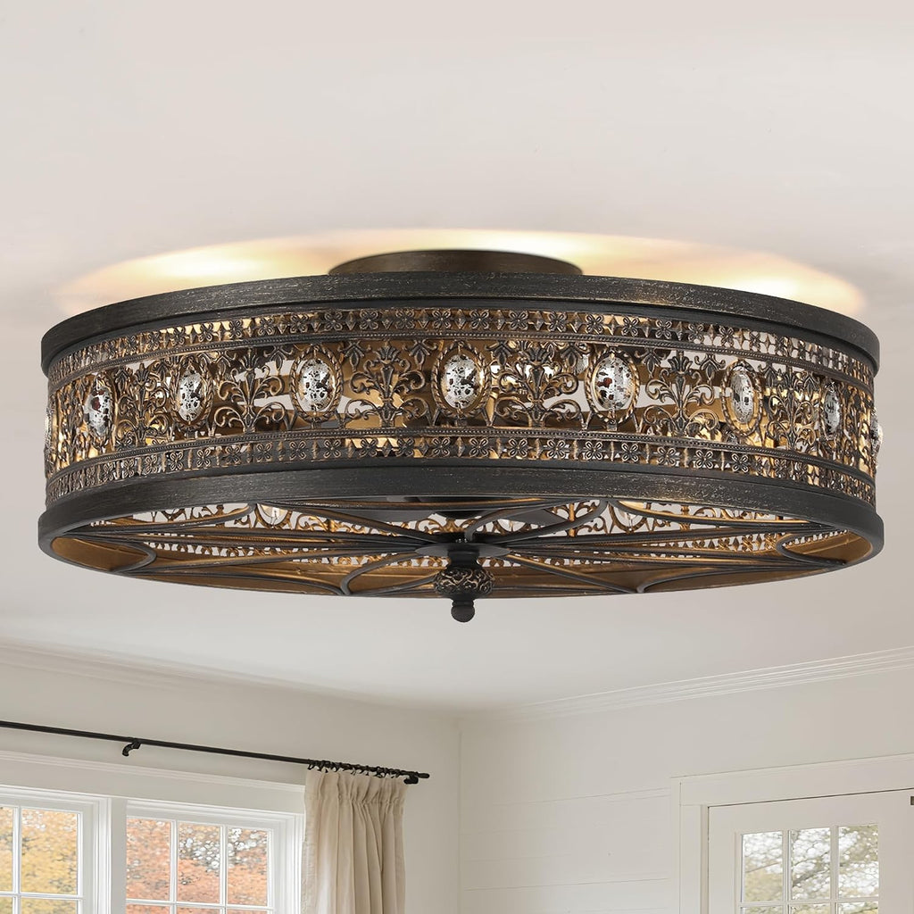 Flush Mount Ceiling Fan with Light and Remote,Low Profile Enclosed Crystal Drum Caged Fandelier,Vintage Black Gold Baroque Ceiling Fan Light Fixture for Bedroom,Dining Room, Living Room,Kitchen Island