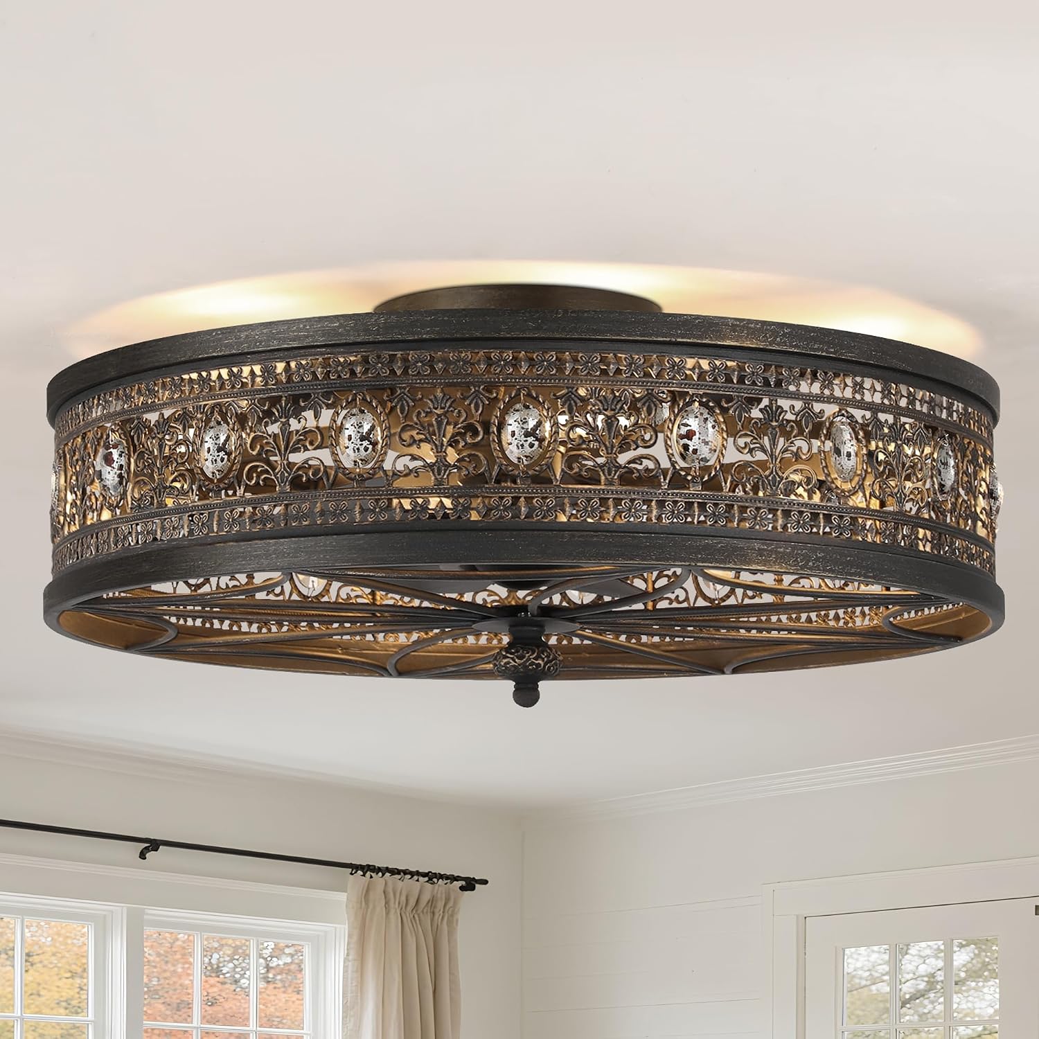 Flush Mount Ceiling Fan with Light and Remote,Low Profile Enclosed Crystal Drum Caged Fandelier,Vintage Black Gold Baroque Ceiling Fan Light Fixture for Bedroom,Dining Room, Living Room,Kitchen Island