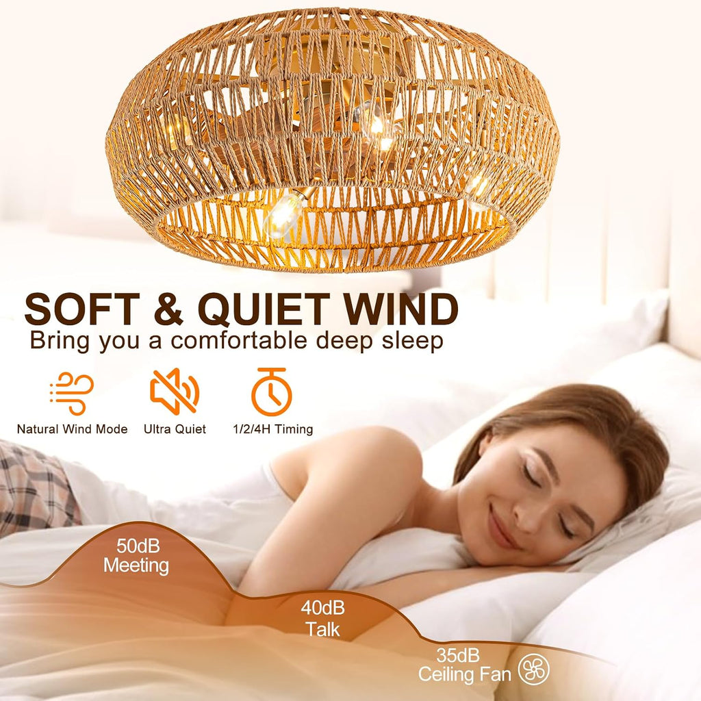 20' Boho Ceiling Fans with Lights (Bulbs Included), Low Profile Caged Ceiling Fan with Light and Remote, Rattan Flush Mount Ceiling Fan with 8 Reversible Blades for Bedroom, Living Room