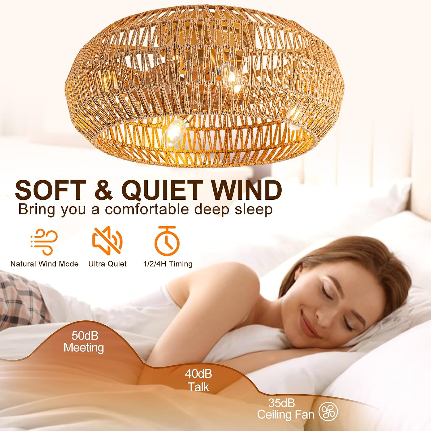 20' Boho Ceiling Fans with Lights (Bulbs Included), Low Profile Caged Ceiling Fan with Light and Remote, Rattan Flush Mount Ceiling Fan with 8 Reversible Blades for Bedroom, Living Room
