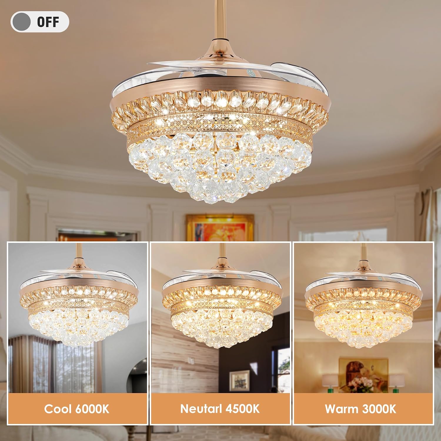 Bling Crystal Fan Chandelier, 42 Inch Rose Gold Chandelier Fans with Crystals, Retractable Fandelier Ceiling Fan with Light and Remote for Bedroom, Living Room, Dining Room