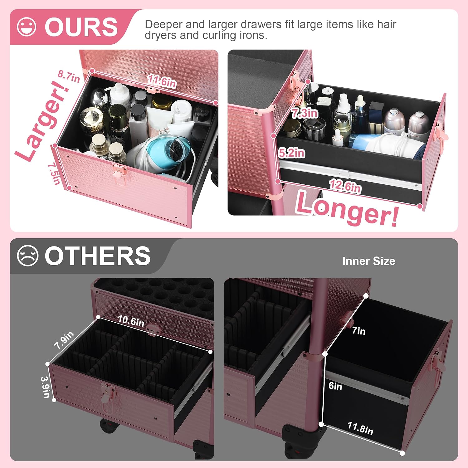 Somduy Makeup Train Case with LED Mirror, Rolling Makeup Case with Drawers, Cosmetology Case on Wheels, Gift, Travel Makeup Organizers, Profesional Cosmetic Case for Salon Barber,Nail,Tattoo, Pink