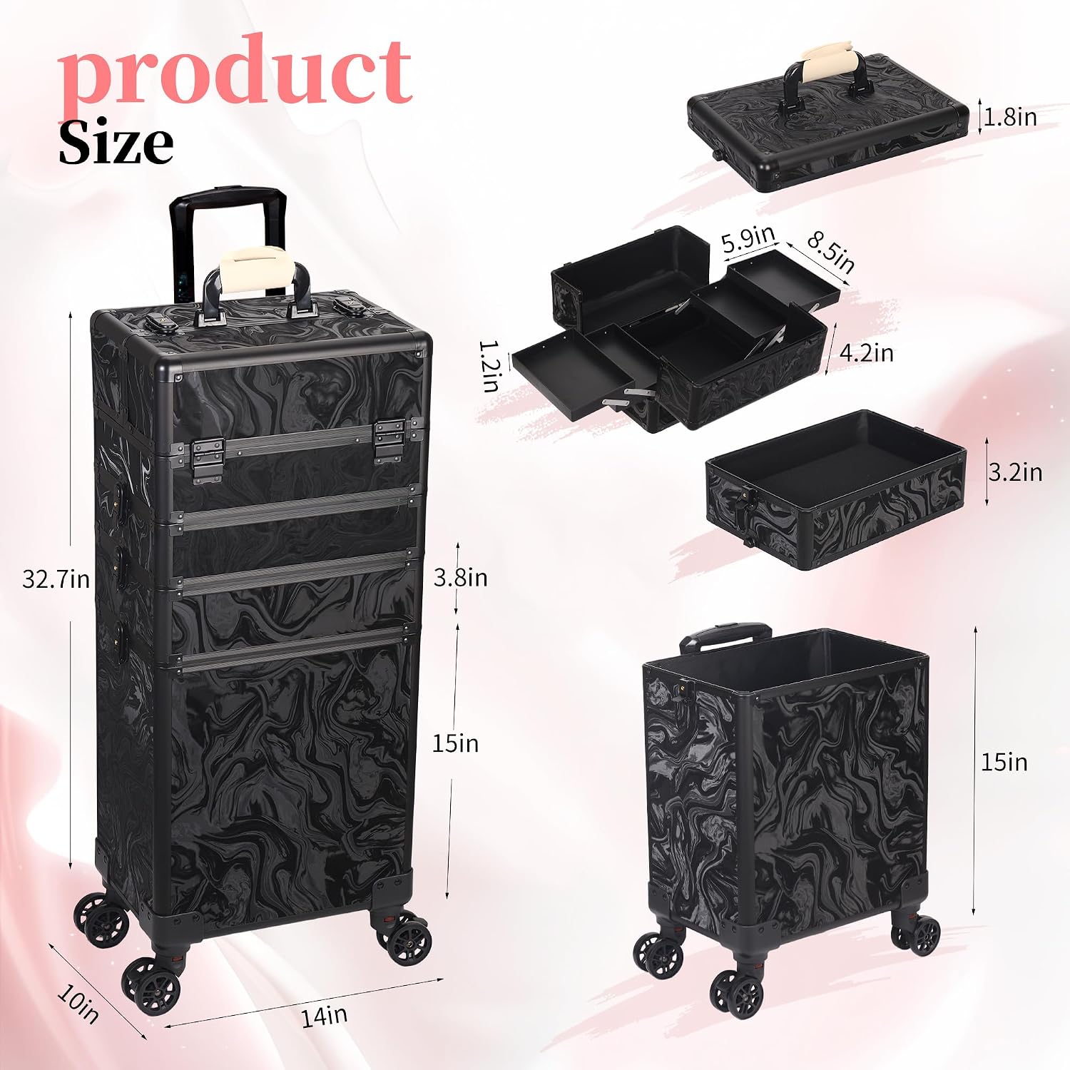 5 in 1 Rolling Makeup Train Case Professional Cosmetic Trolley Large Storage Organizer on Wheels for Hairstylist Artist Nail Beauty Salon Barber Alipine Black
