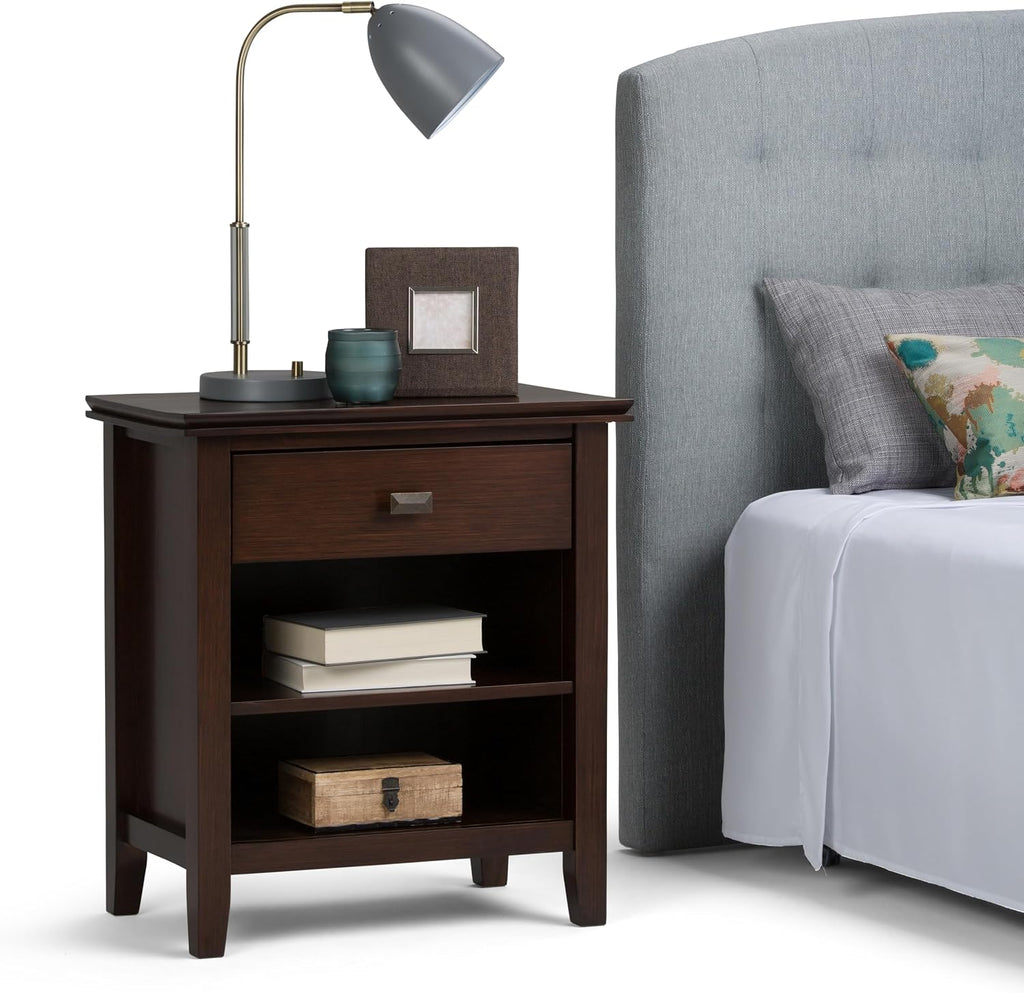 SIMPLIHOME Artisan Bedside Table - 24 inch Wide Solid Wood Nightstand Table in Russet Brown, Transitional Bedroom Side or End Table with 1 Drawer and Open Shelf Storage